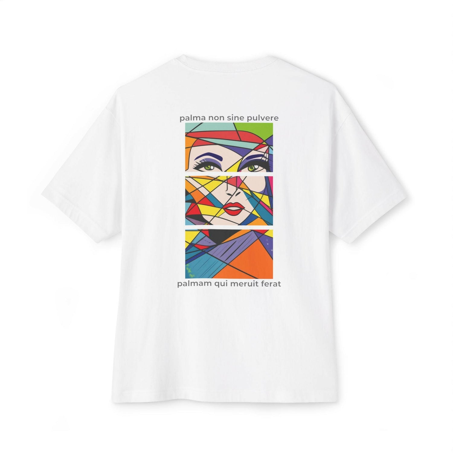 Colourful oversized boxy tee featuring vibrant abstract artwork and text on the back, perfect for casual wear.