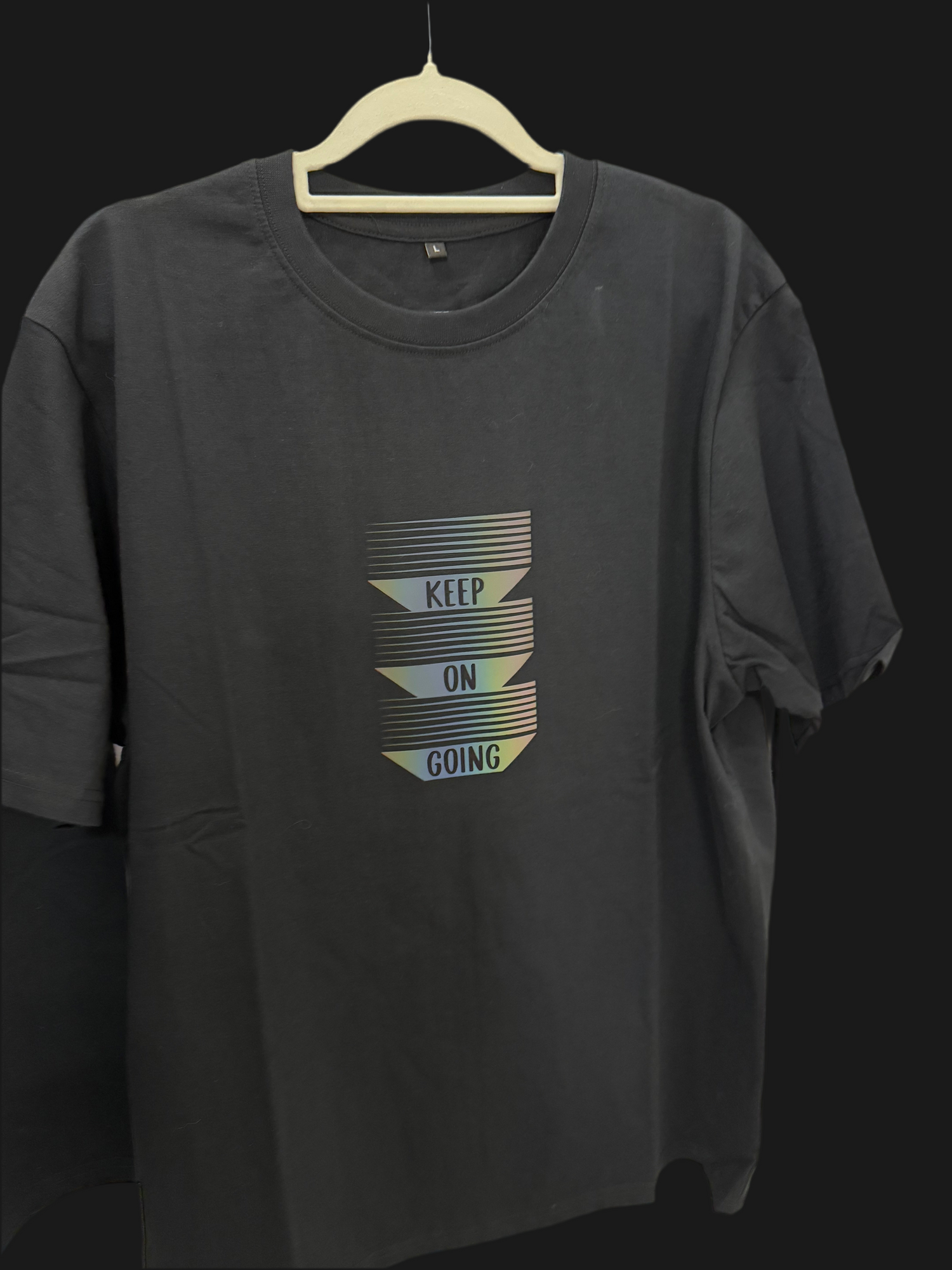 Black cotton t-shirt with reflective matte graphic reading &