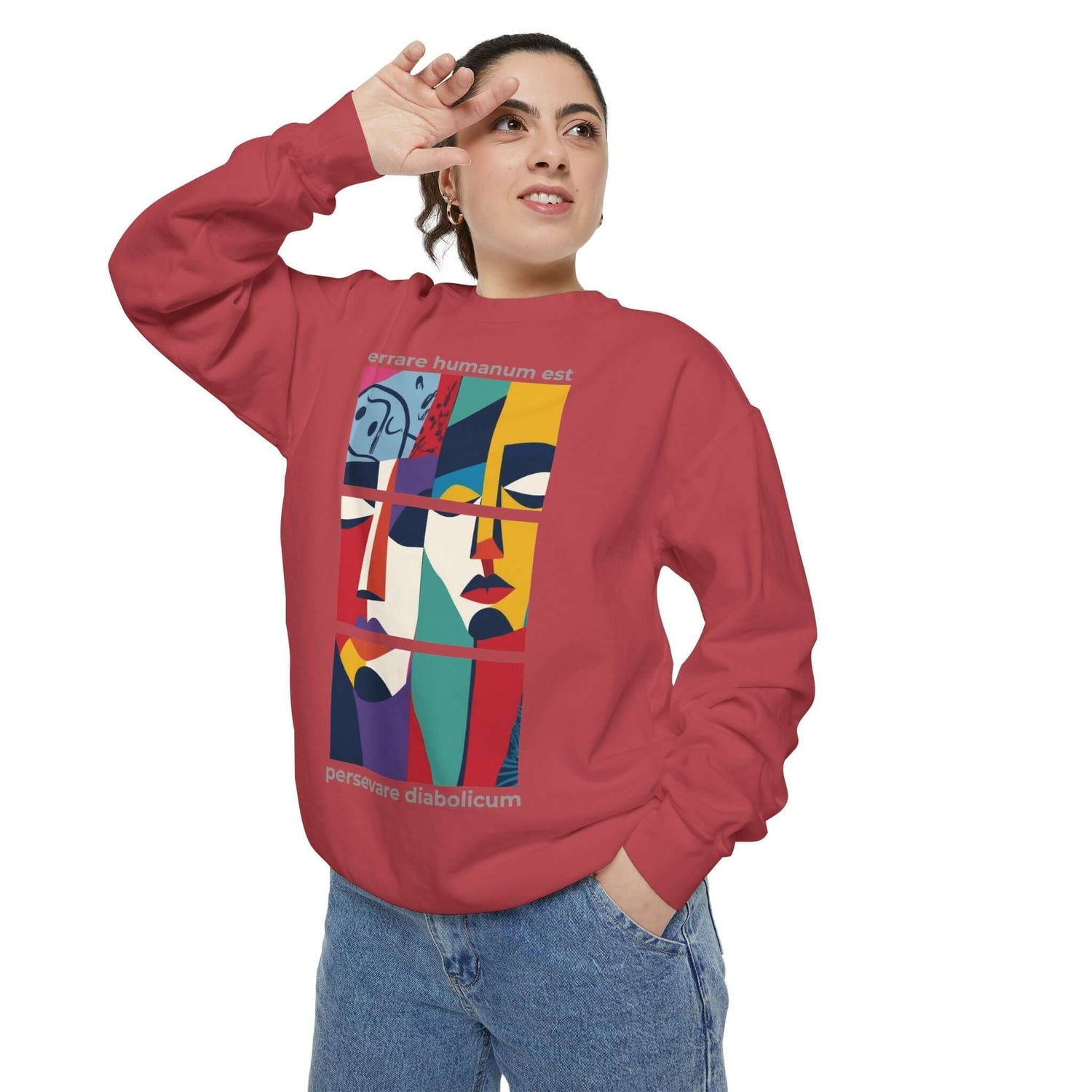 Colorful unisex sweatshirt featuring abstract faces design, perfect for stylish comfort on chill days.