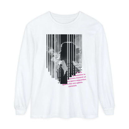 Artistic unisex long sleeve t-shirt featuring a modern design with silhouette and text on a white background.