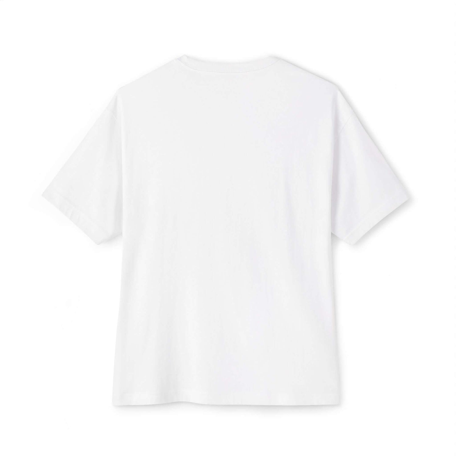 Back view of a chic unisex oversized white tee, perfect for casual wear and relaxed styling.