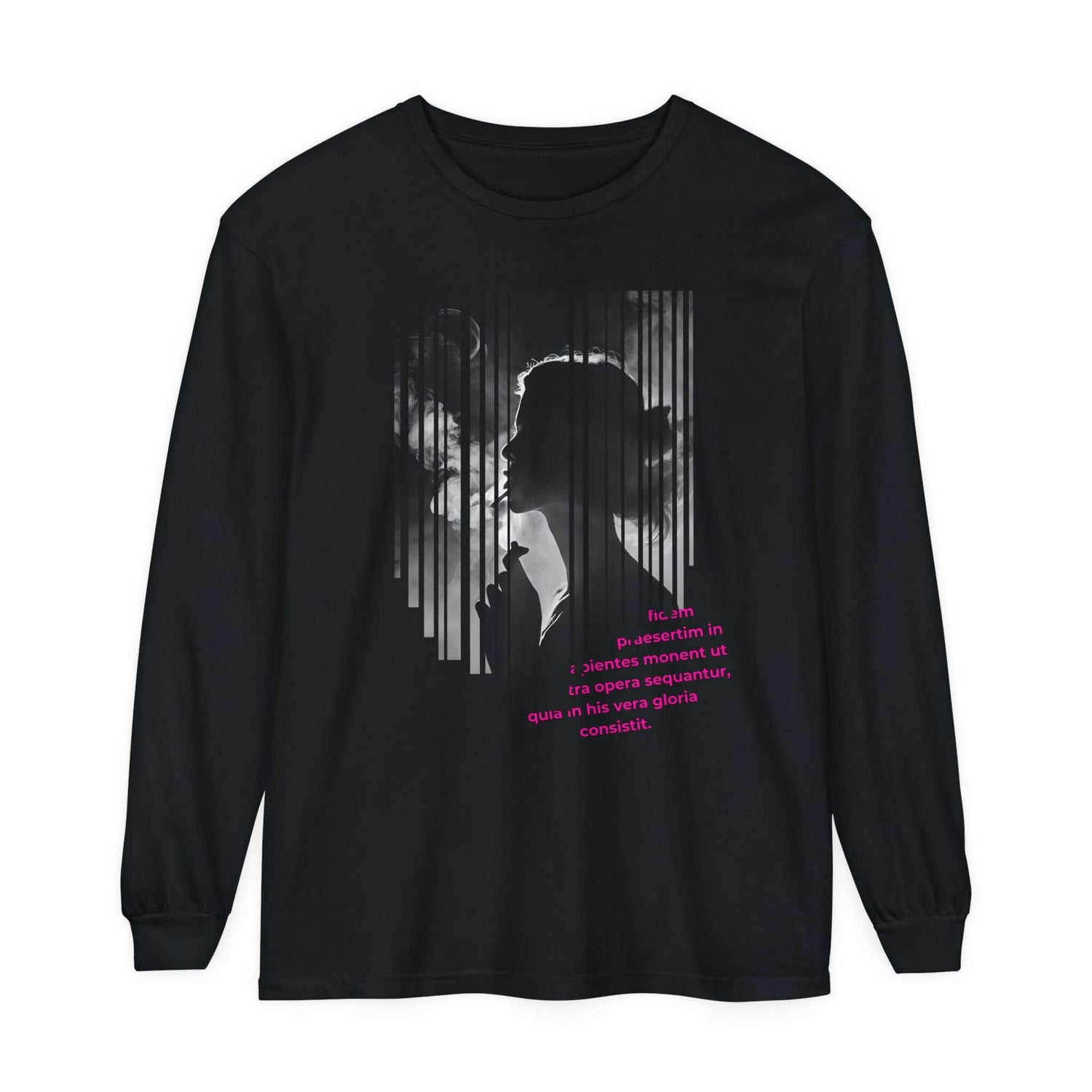 Artistic unisex long sleeve t-shirt featuring a silhouette design and inspirational text on a black background.