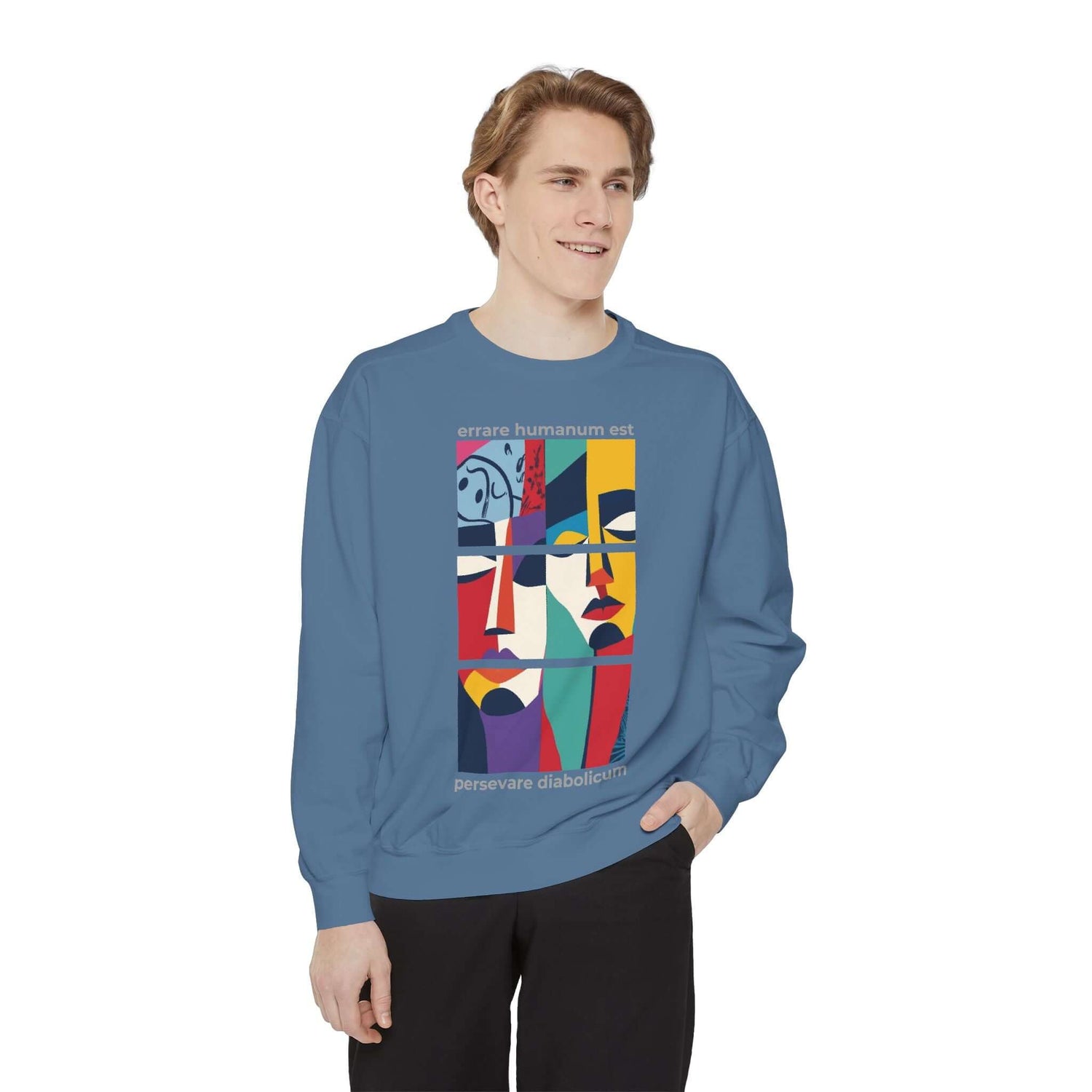 Colorful unisex sweatshirt featuring artistic face design, perfect for casual and comfortable stylish wear.