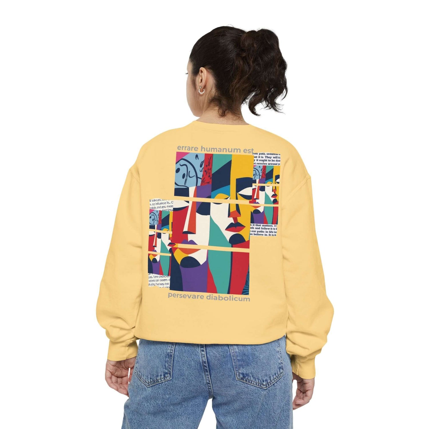 Colorful unisex sweatshirt with artistic design and motivational quotes on the back, perfect for stylish comfort.