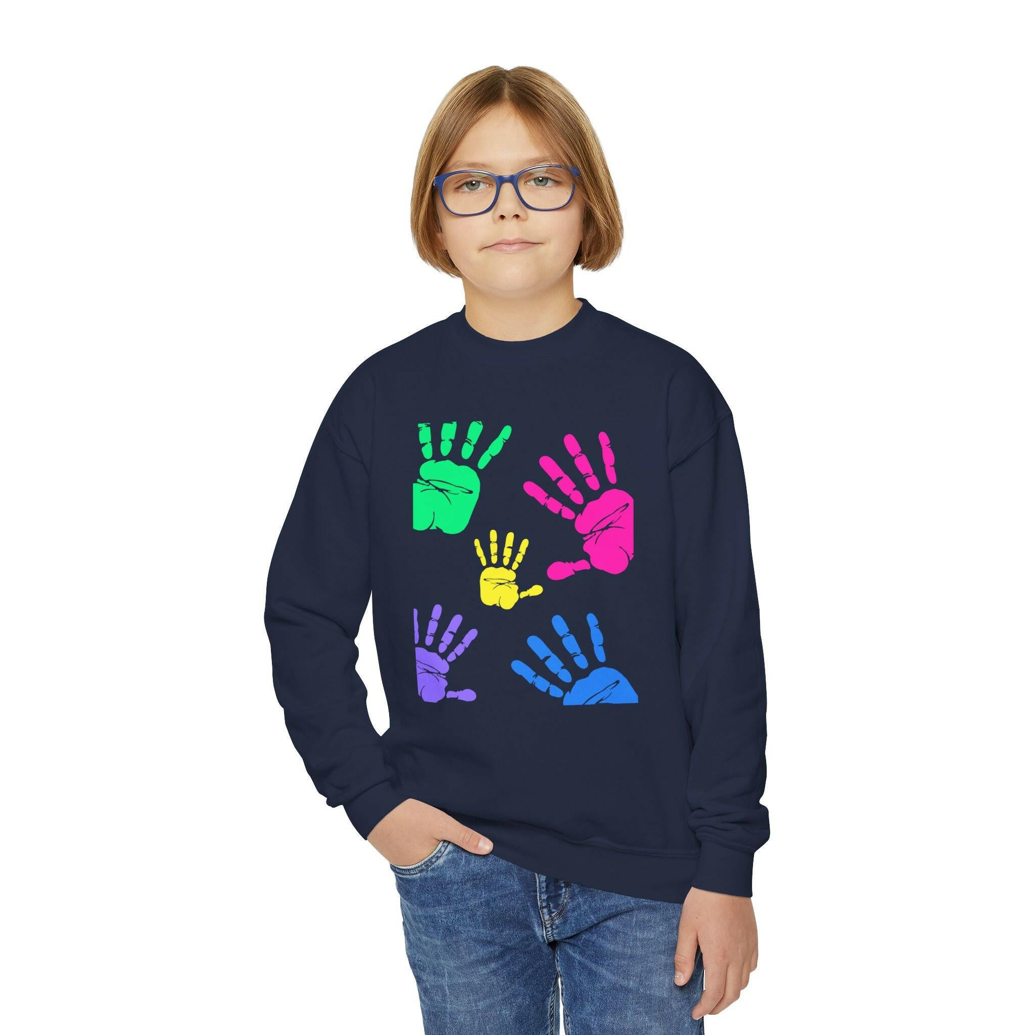 Colorful Handprint Youth Crewneck Sweatshirt - Perfect for Kids and Family Gatherings