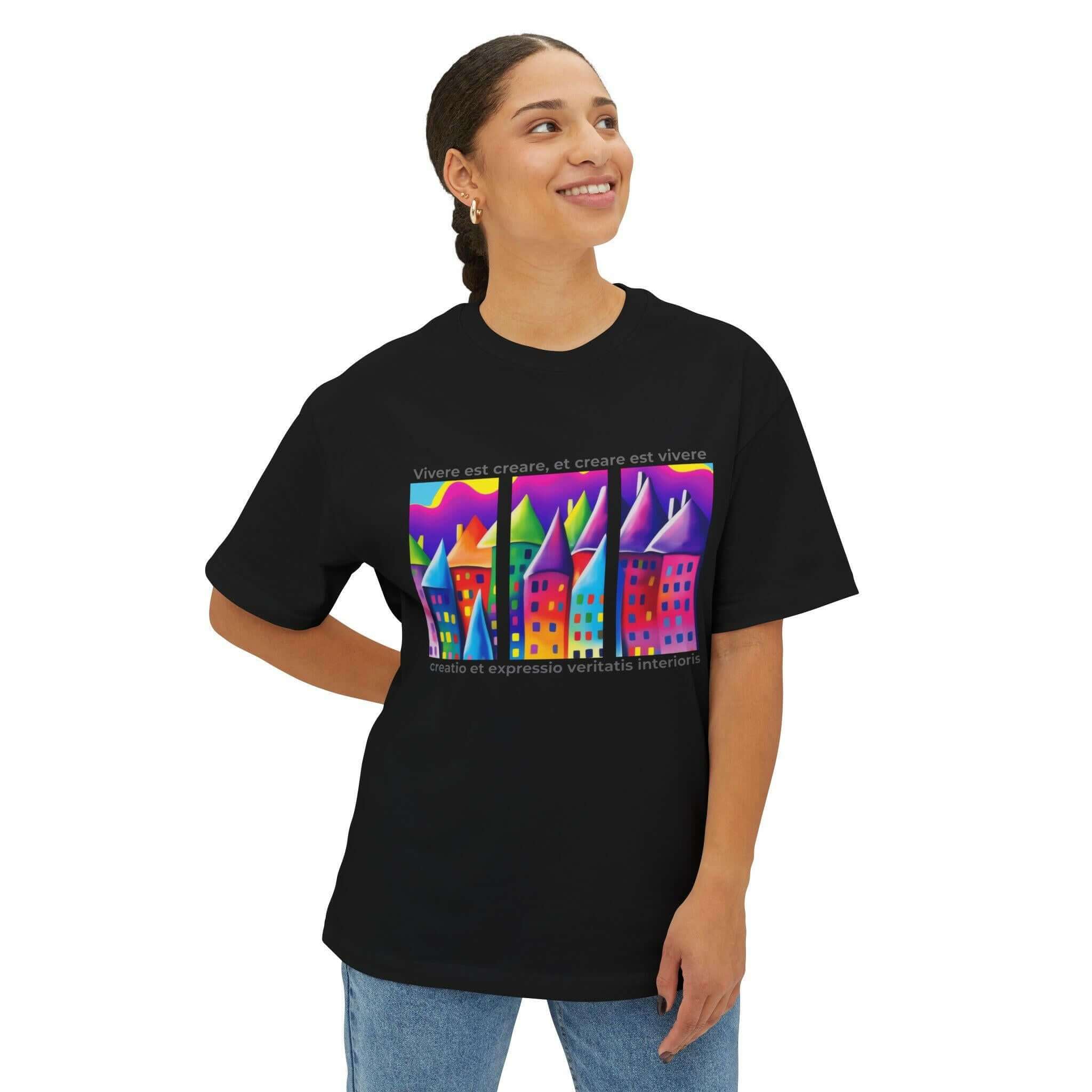 Unisex oversized tee featuring vibrant artistic designs and a relaxed fit, perfect for casual outings and lounging.