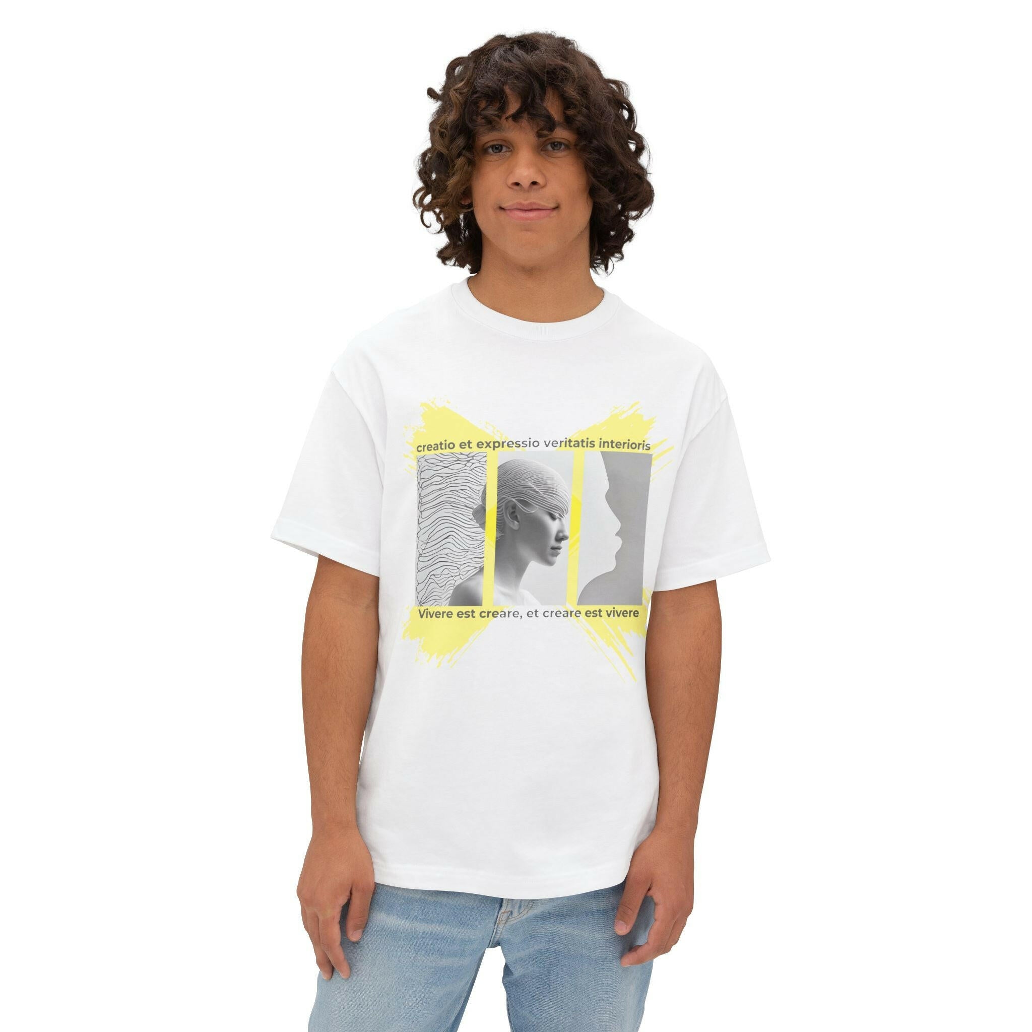 Inspirational Unisex Oversized Boxy Tee - Artistic Design with Latin Quotes.