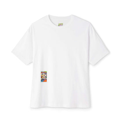 Colourful unisex oversized boxy tee in white with graphic design on the front pocket for a vibrant casual look.