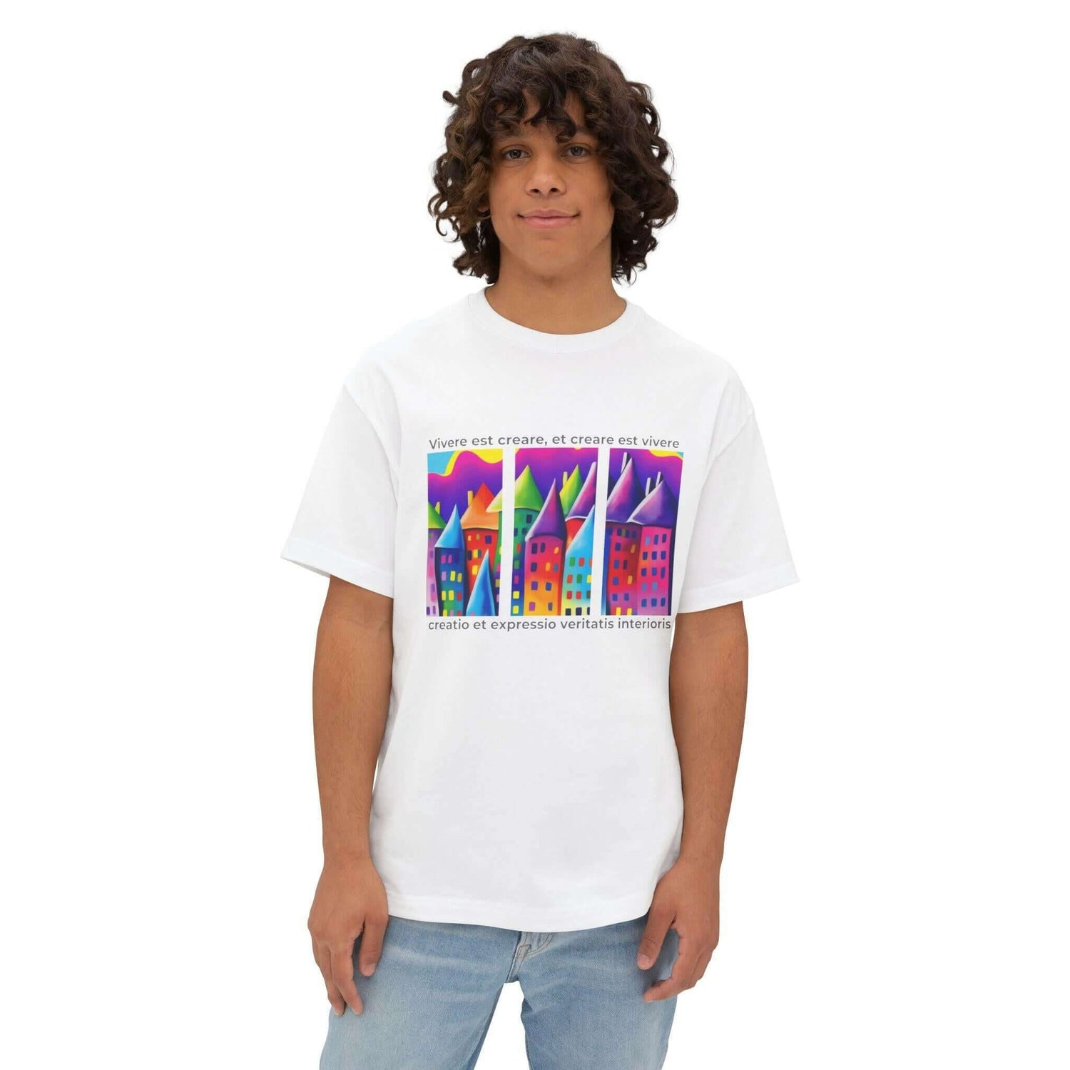 Unisex oversized tee featuring vibrant artistic design, perfect for casual outings and relaxed style.