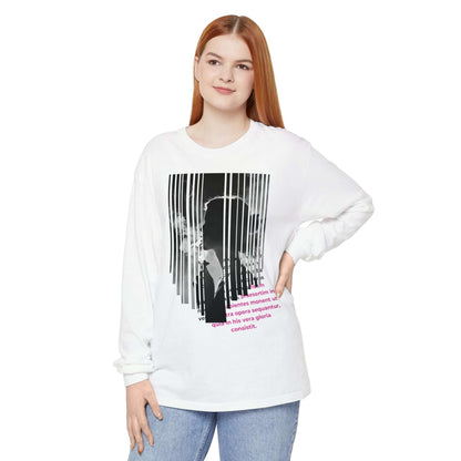 Stylish woman wearing an artistic unisex long sleeve t-shirt with a unique graphic design and soft colors.