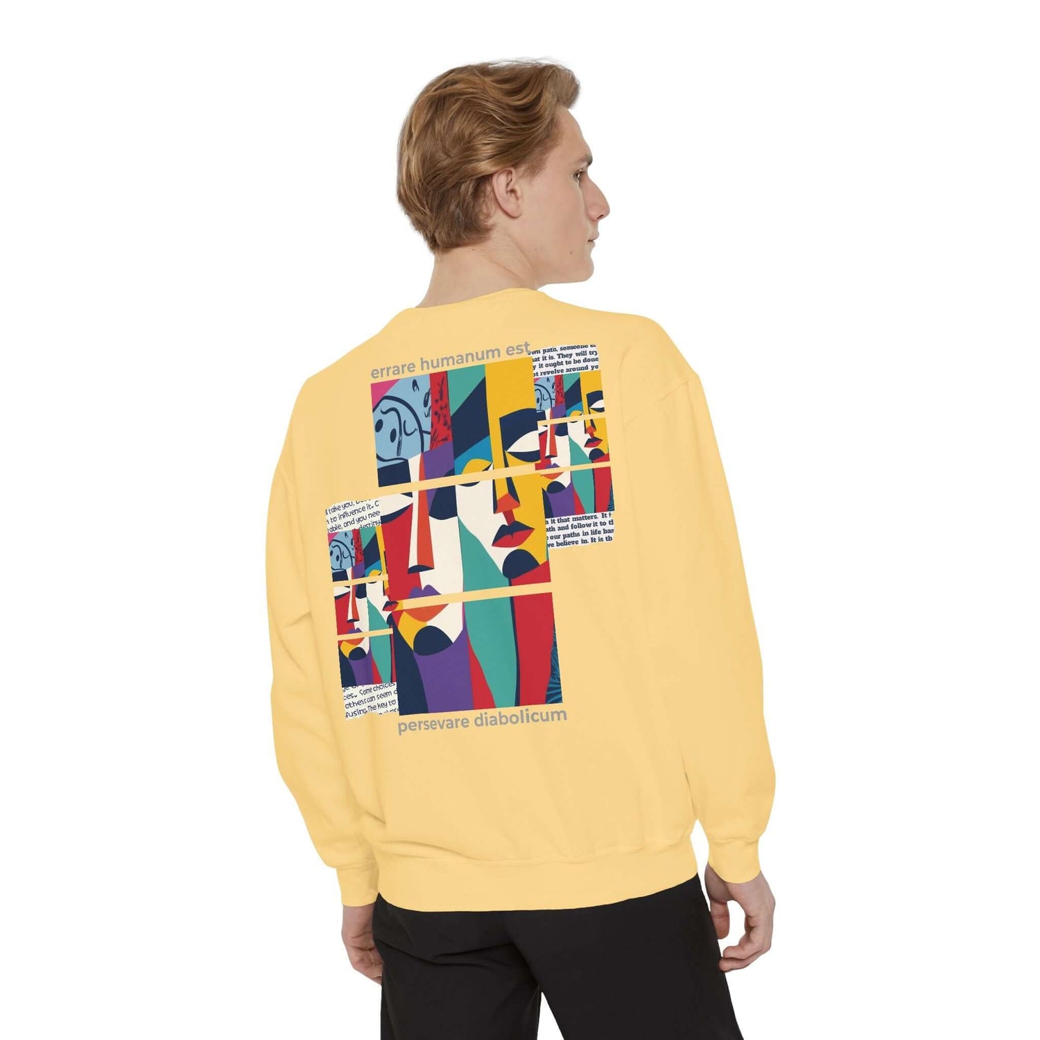 Colorful unisex sweatshirt with a unique artistic design on the back, perfect for stylish and cozy casual wear.