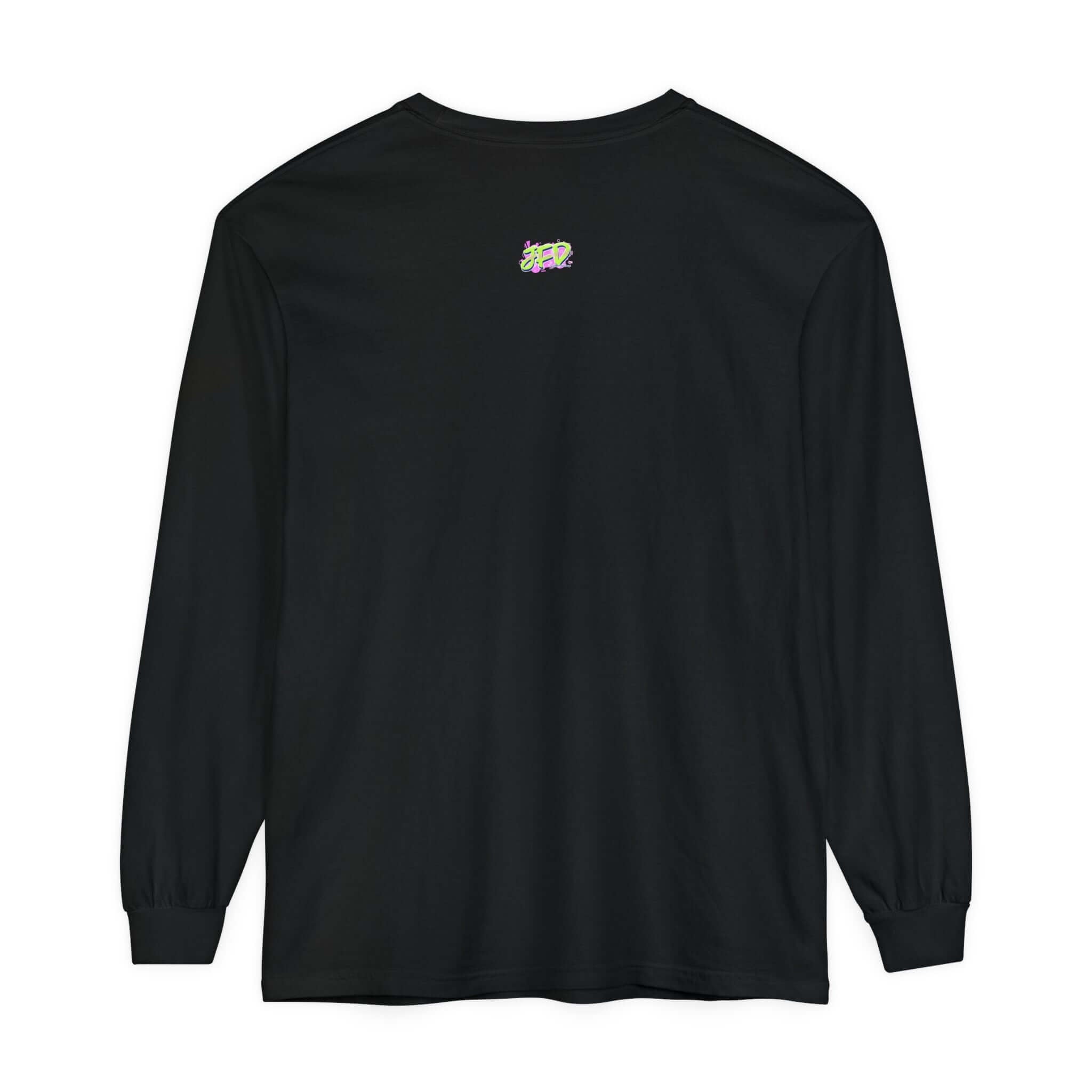 Black unisex long sleeve t-shirt featuring a colorful logo on the back for a stylish and casual look.