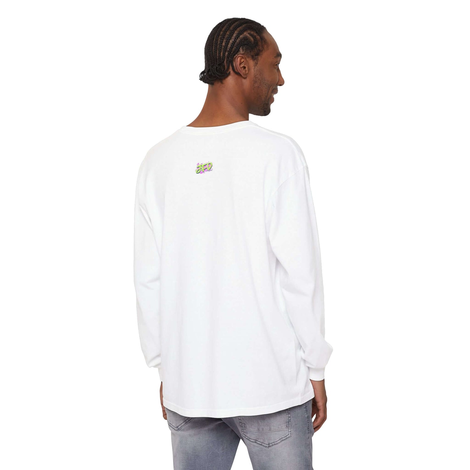 Artistic unisex long sleeve t-shirt shown from the back, featuring a unique design and relaxed fit in white.