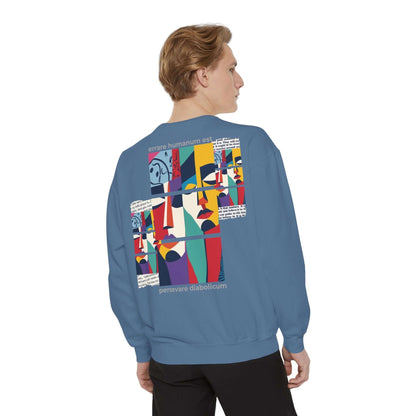 Colorful unisex sweatshirt with artistic design and motivational phrases on the back, perfect for stylish comfort.