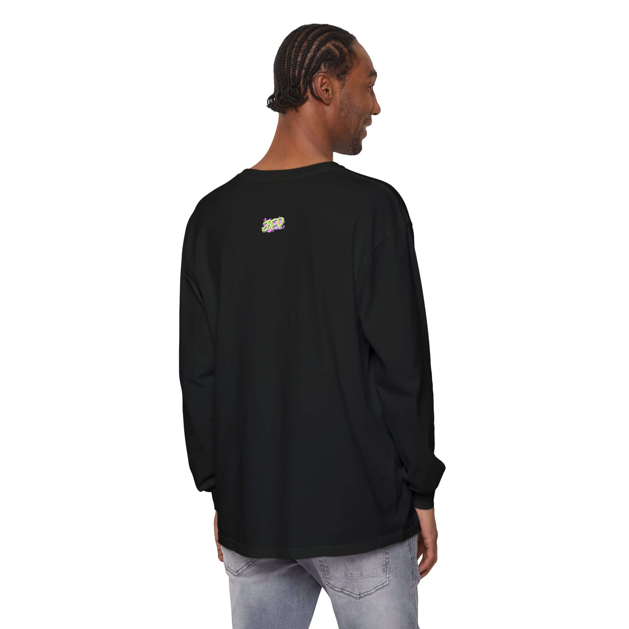 Man wearing artistic unisex black long sleeve t-shirt viewed from the back, showcasing a unique design.