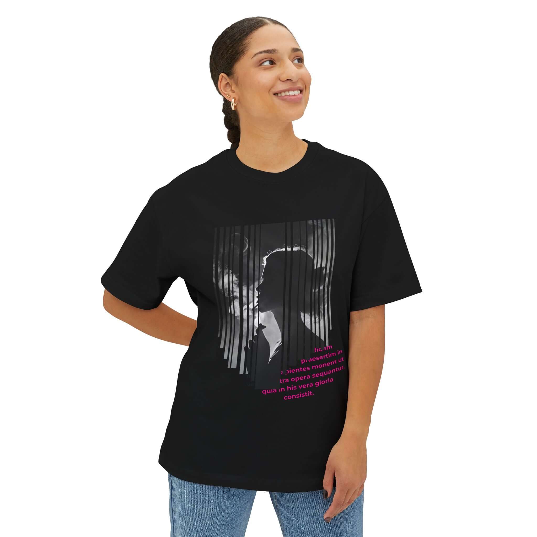 Chic unisex oversized black tee with artistic design and inspirational quote, perfect for casual wear and gifting.