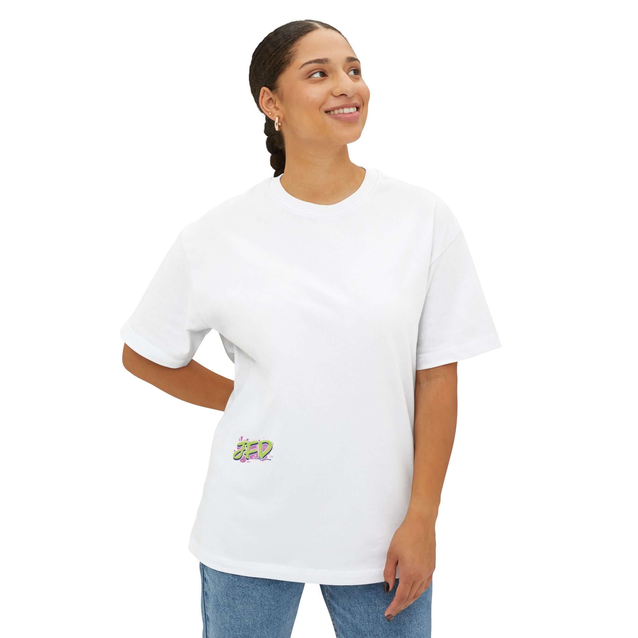 Unisex oversized white tee featuring artistic design, perfect for casual outings or creative expression.