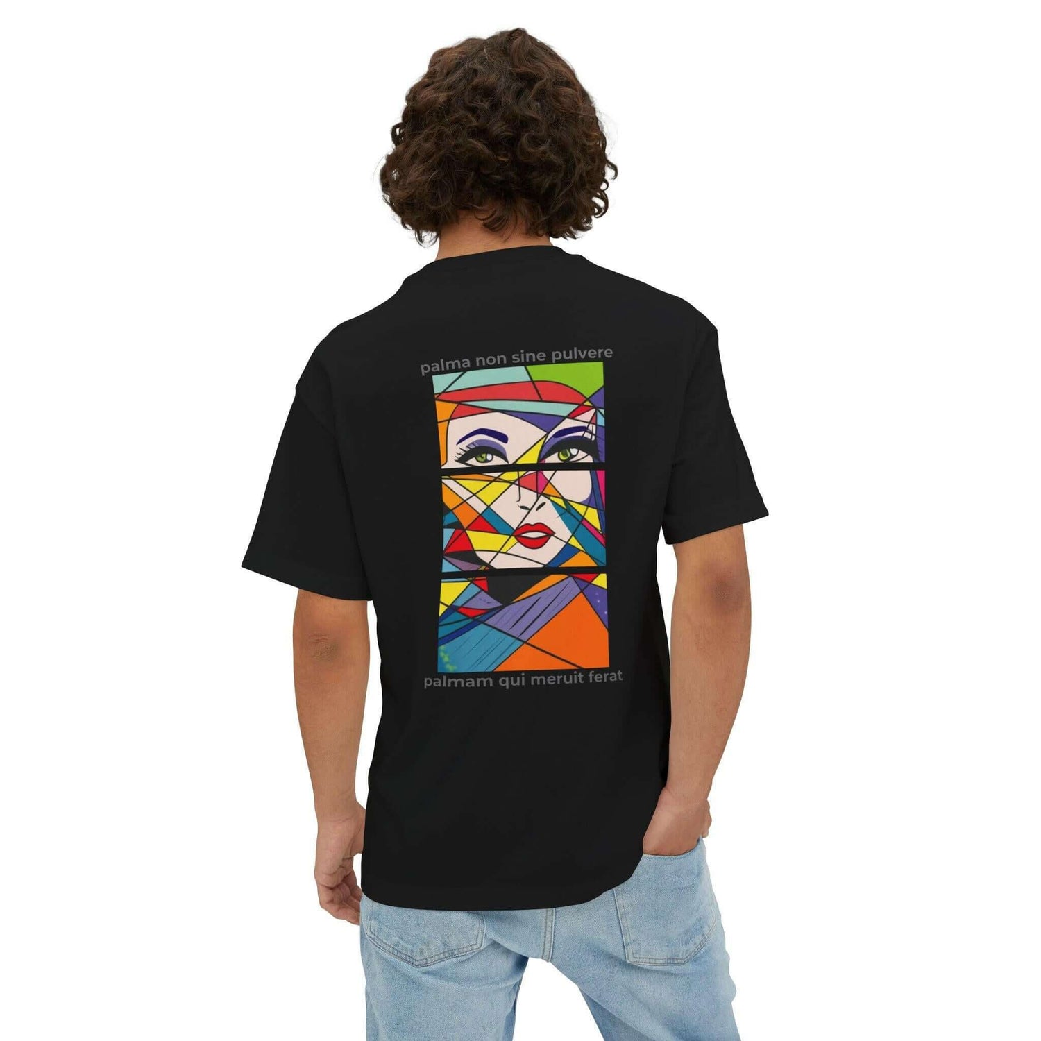 Vibrant black oversized tee featuring colorful graphic design on the back, perfect for a stylish and casual look.