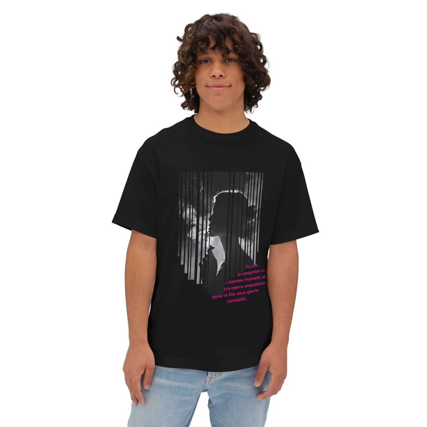 Unisex oversized black tee featuring an artistic design with a silhouette and colorful text. Perfect for casual wear.