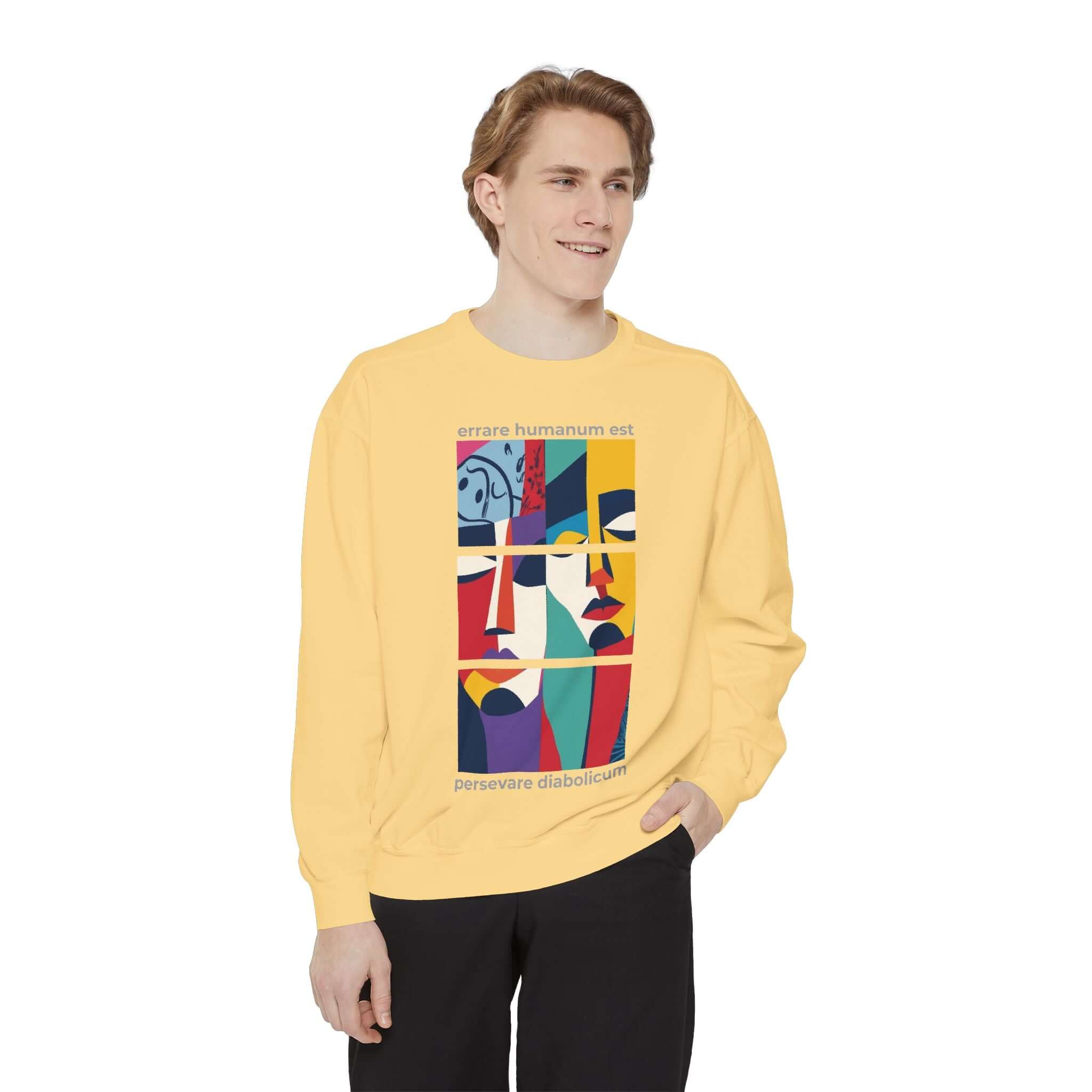 Colorful unisex sweatshirt featuring a unique art design, perfect for stylish comfort on chilly days.