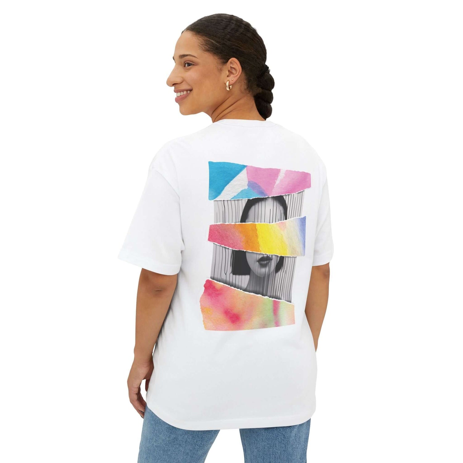 Unisex oversized tee featuring a colorful artistic design on the back, perfect for casual outings and creative expression.