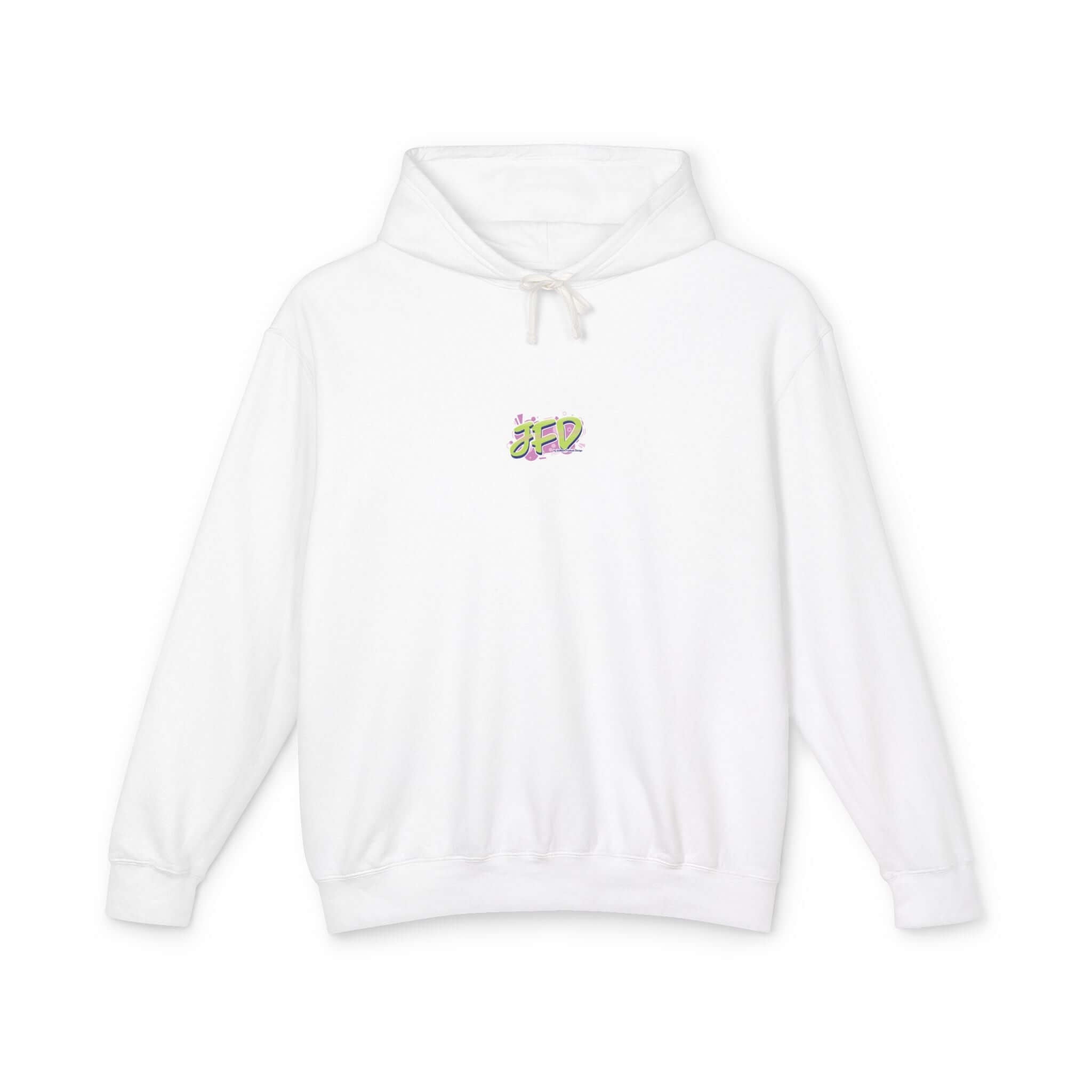 White unisex lightweight hooded sweatshirt with colorful graphic design, perfect for casual comfort and style.