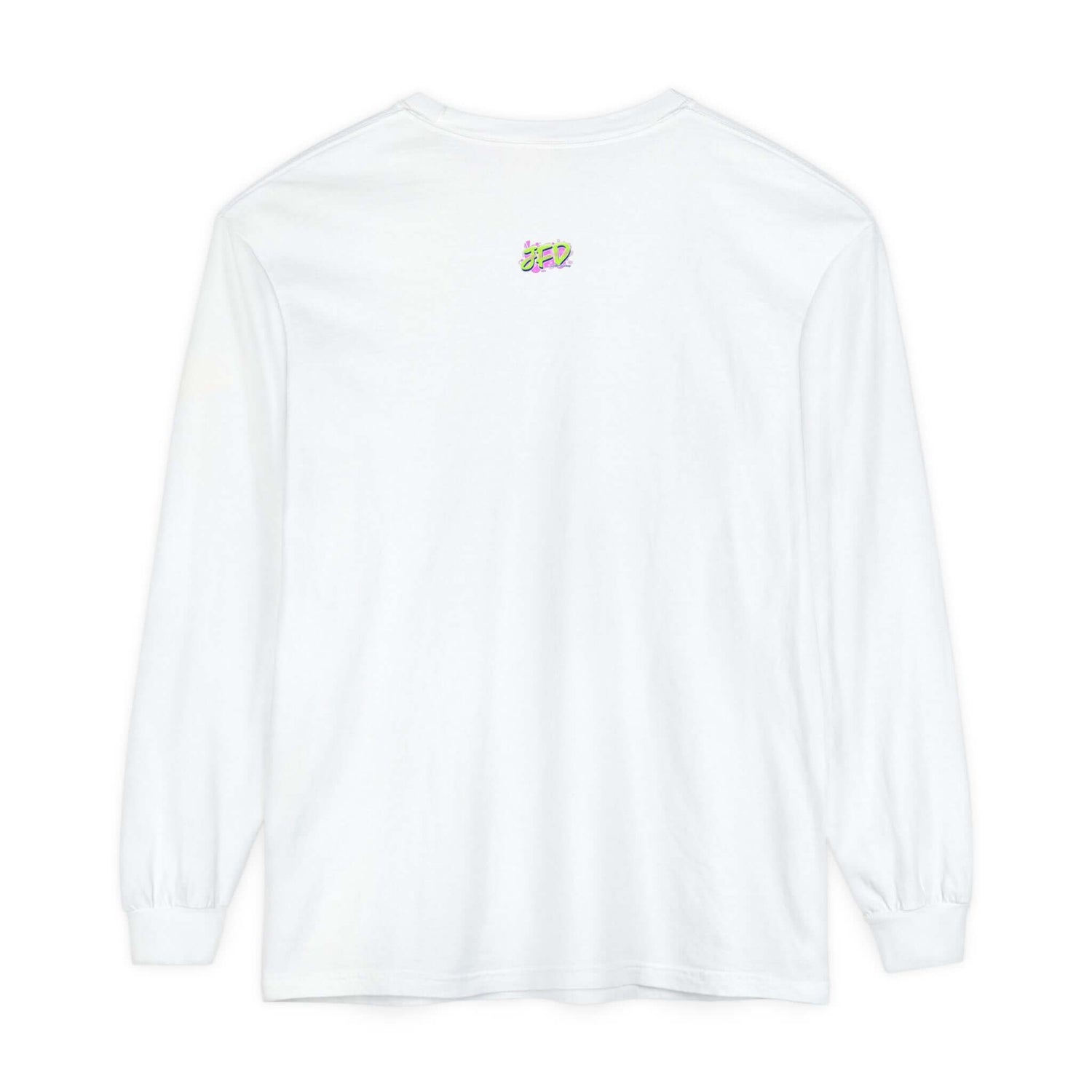 Artistic unisex long sleeve t-shirt in white with colorful design on the back, perfect for casual wear and cozy days.