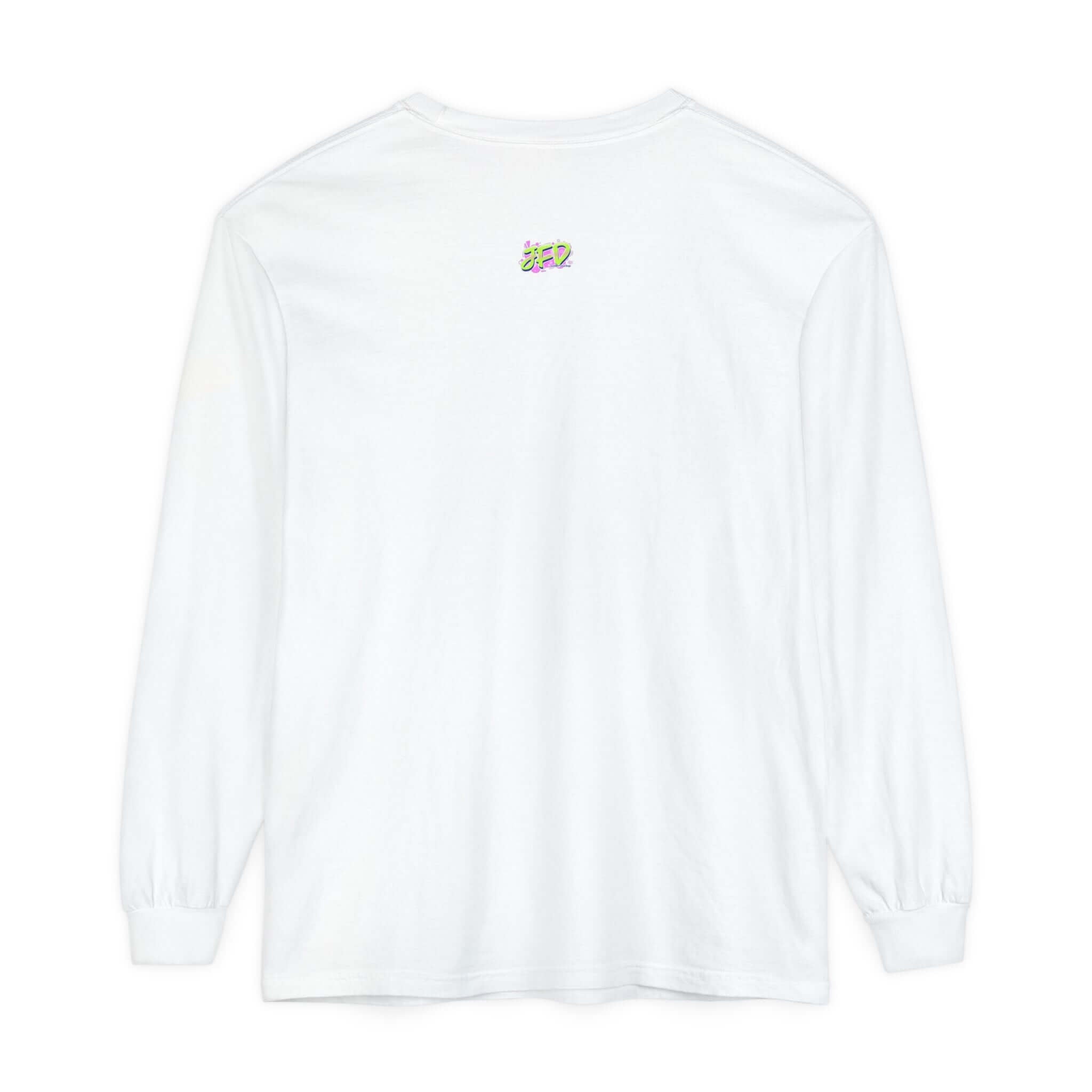 Artistic unisex long sleeve t-shirt in white with colorful design on the back, perfect for casual wear and cozy days.