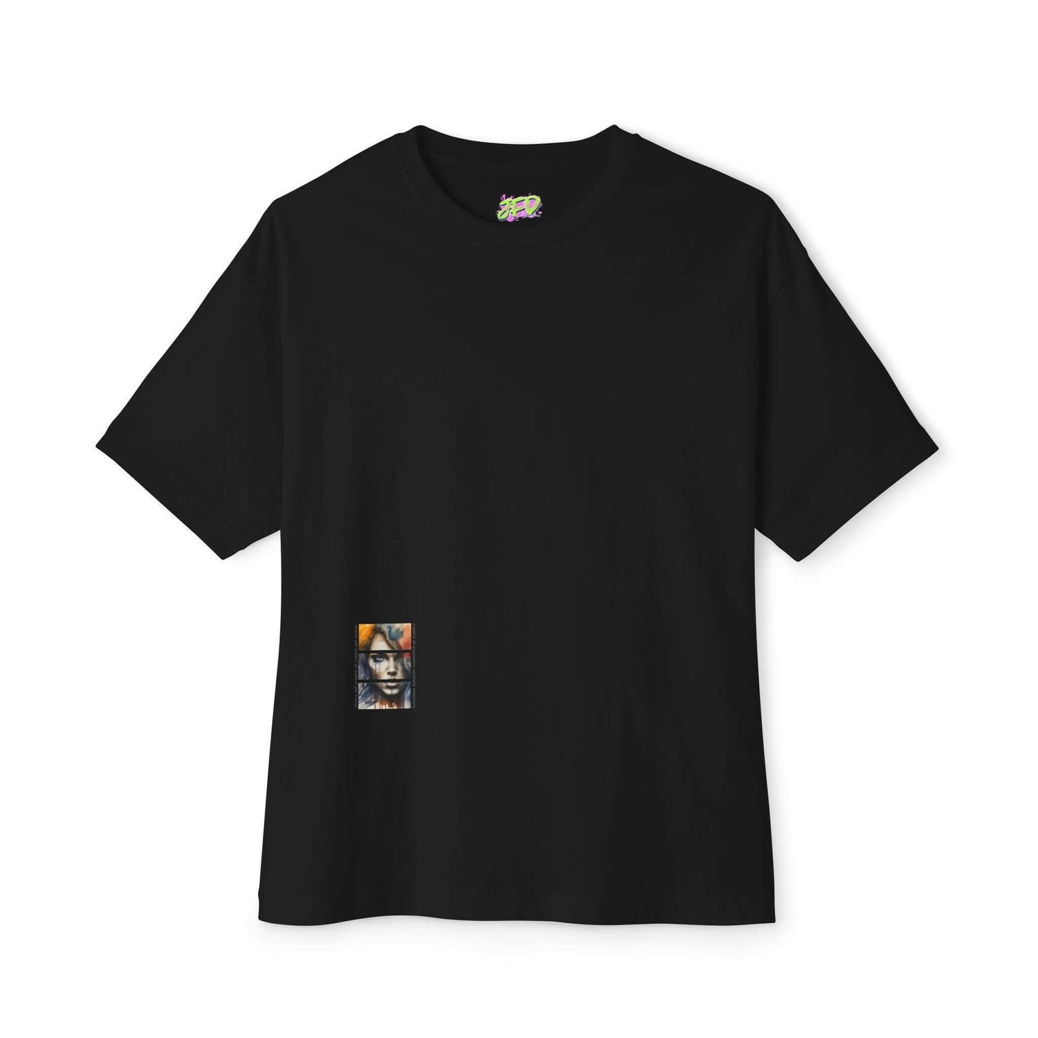 Unisex oversized black tee featuring an artistic design on the front, ideal for casual outings or lounging at home.