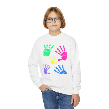 Colorful Handprint Youth Crewneck Sweatshirt - Perfect for Kids and Family Gatherings