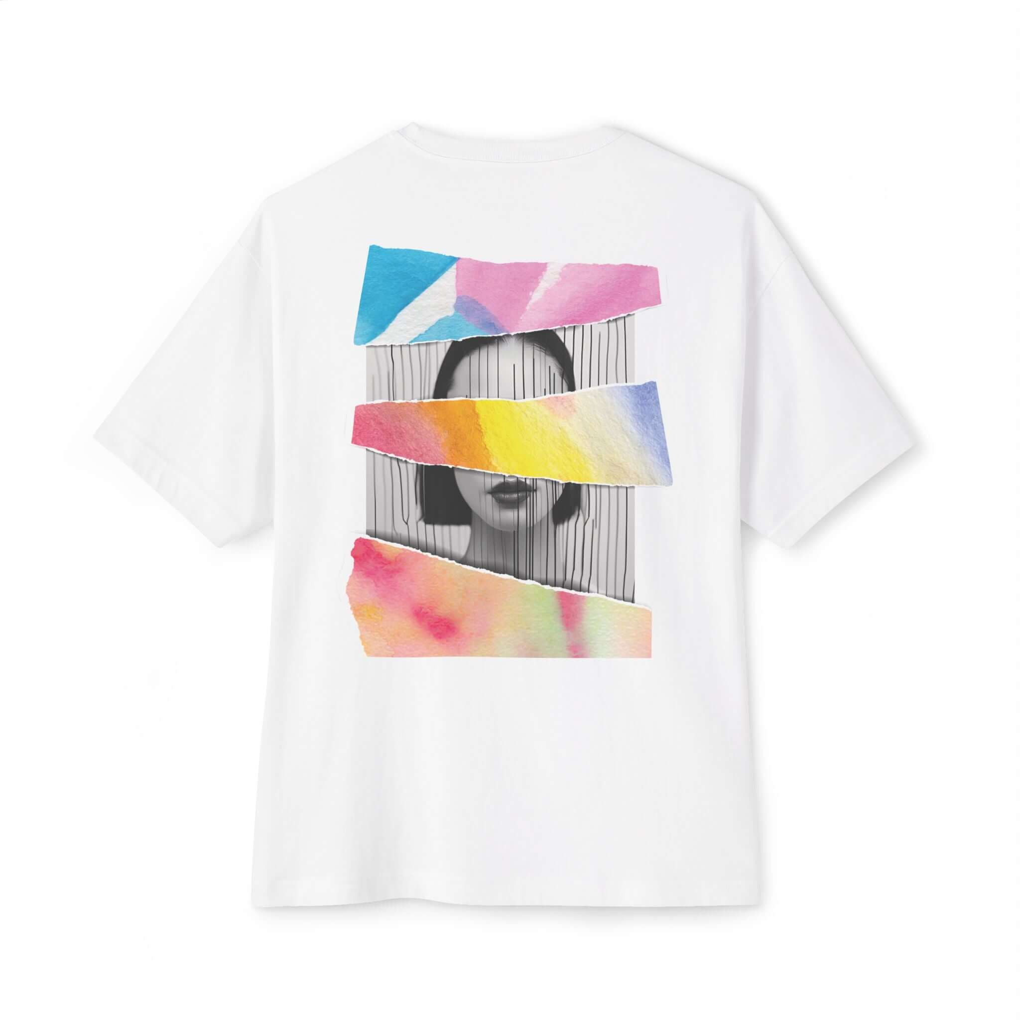 Unisex oversized tee with artistic design featuring colorful abstract watercolor stripes and a black and white portrait on the back.