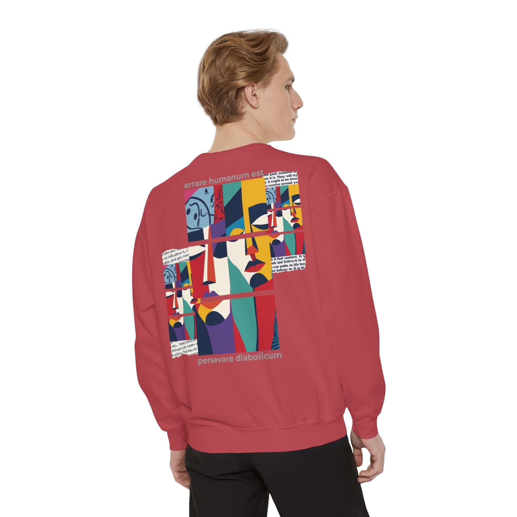 Colorful unisex sweatshirt with abstract design and motivational text on the back, perfect for comfortable styling.