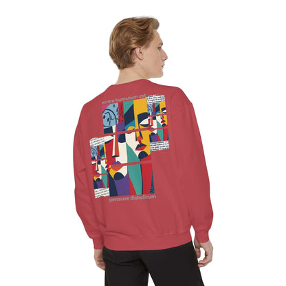 Colorful unisex sweatshirt with abstract design and motivational text on the back, perfect for comfortable styling.