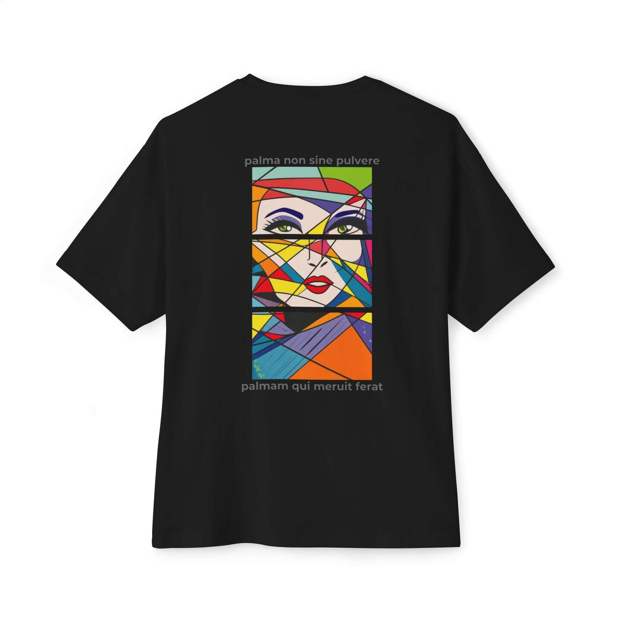 Colourful oversized black tee featuring a geometric art design and text on the back. Perfect for unisex casual style.