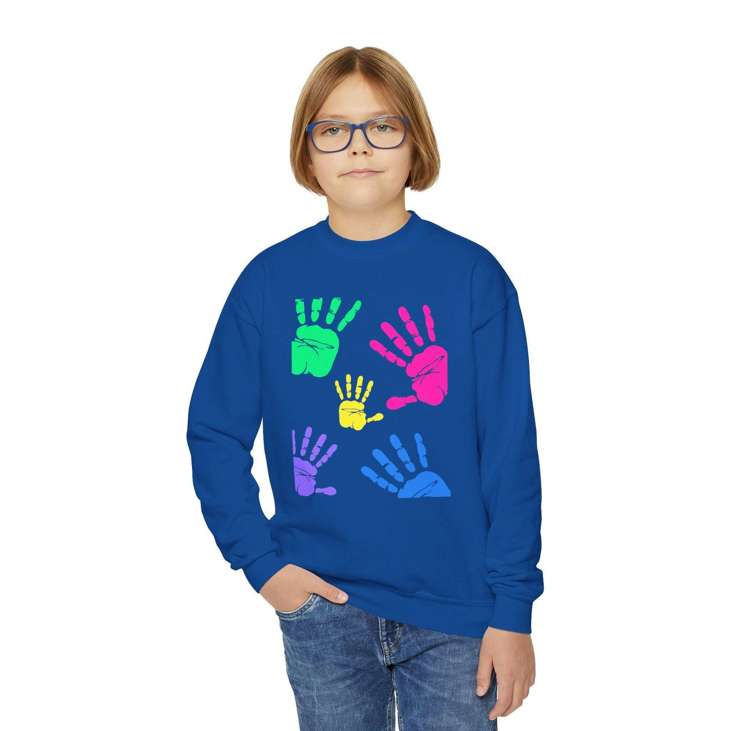 Colorful Handprint Youth Crewneck Sweatshirt - Perfect for Kids and Family Gatherings