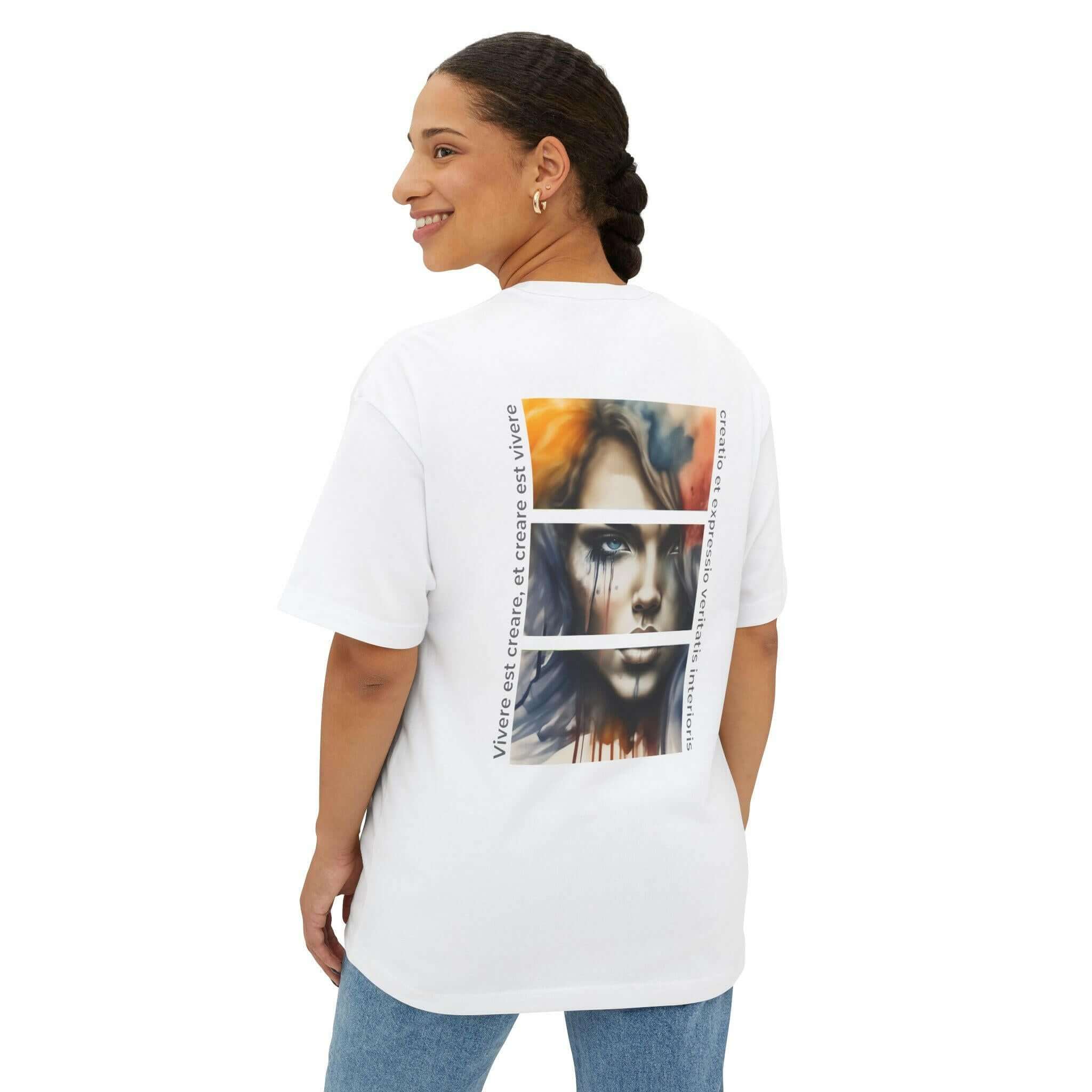 Unisex oversized white tee featuring artistic design on the back, showcasing a unique and bold fashion statement.