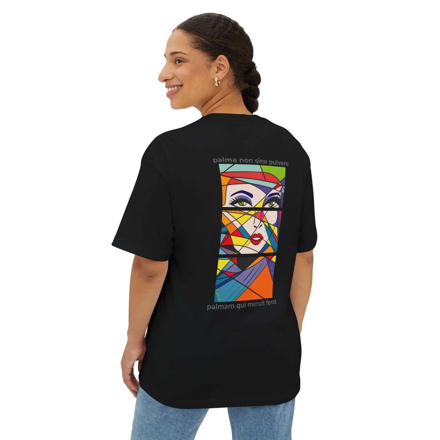 Vibrant unisex oversized boxy tee featuring colorful graphic design on the back, perfect for casual style and comfort.