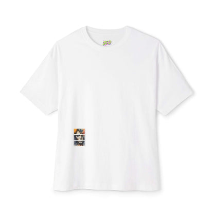 Unisex oversized white tee featuring an artistic design patch for a stylish and comfortable look.