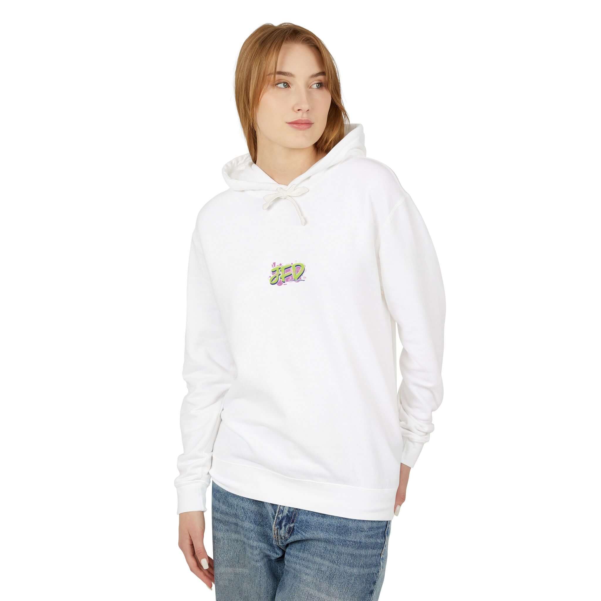 Artistic unisex lightweight hooded sweatshirt in white worn by a model, showcasing stylish and sustainable casual fashion.