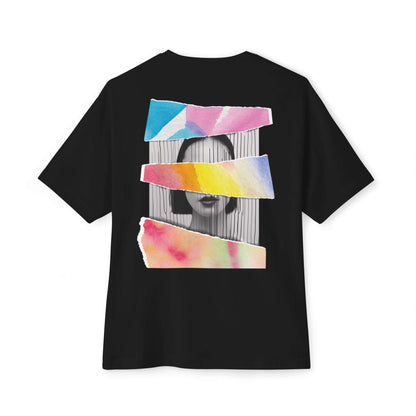 Unisex oversized black tee with colorful artistic design featuring a woman&