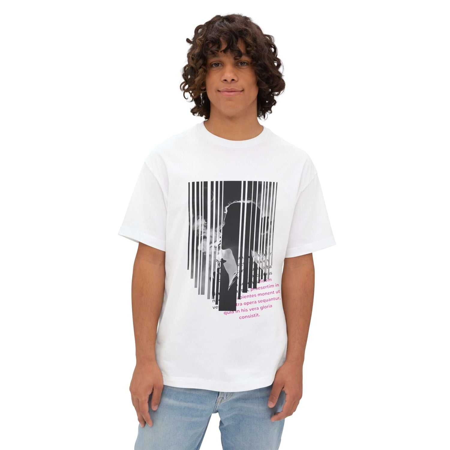 Unisex oversized tee with artistic design, featuring a black and white illustration on a white background.