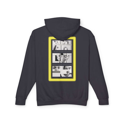 Artistic unisex lightweight hooded sweatshirt in black with graphic print on the back, featuring stylish monochrome images in bold yellow border.