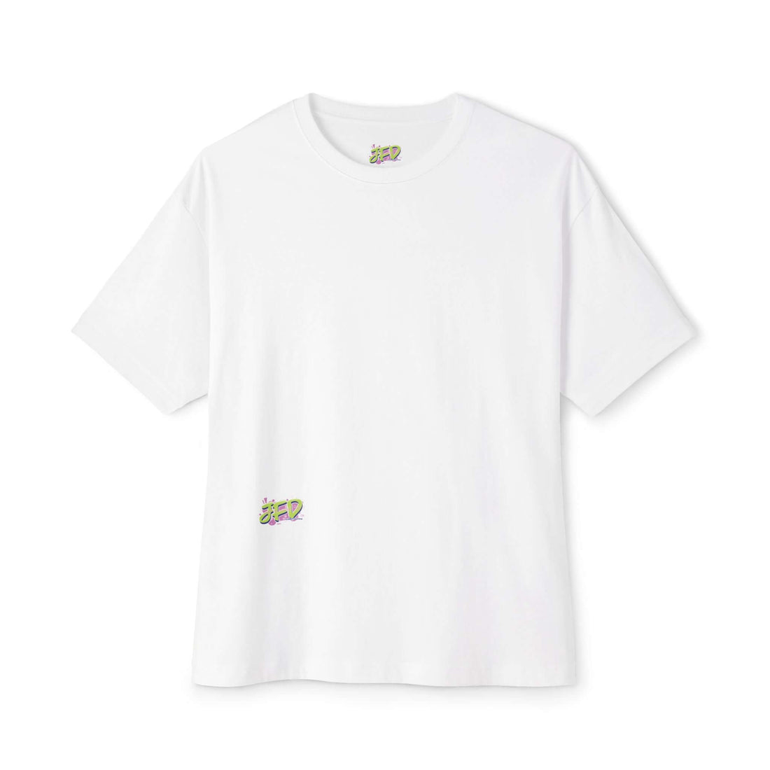 Unisex oversized white graphic tee featuring a colorful logo for casual and stylish comfort.