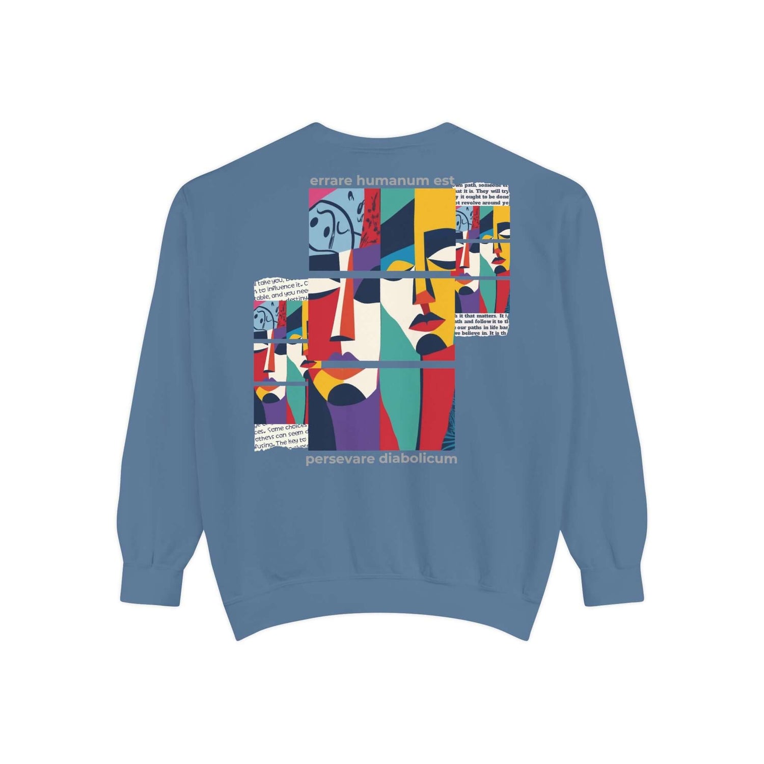 Colorful unisex sweatshirt with abstract art design and motivational quote on back, perfect for comfort and self-expression.