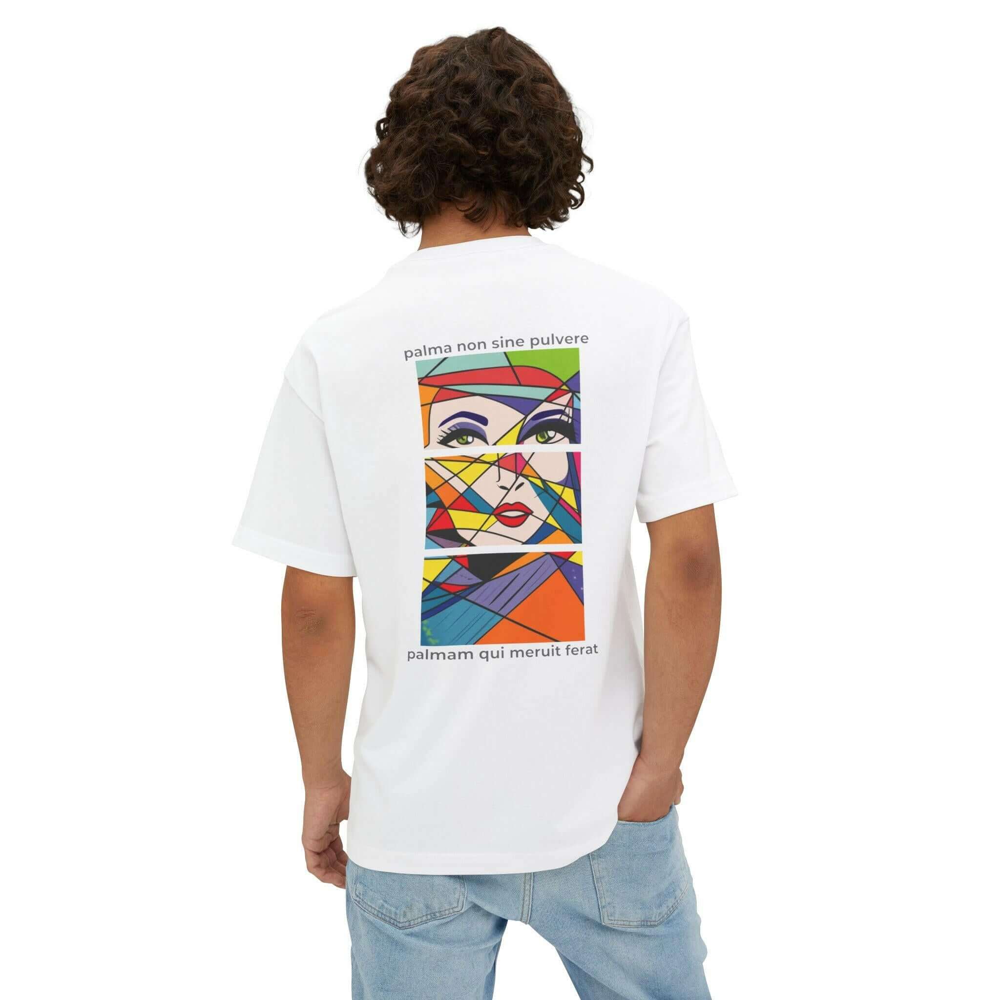 Unisex oversized boxy tee featuring a colorful graphic design on the back, perfect for casual outings or lounging.