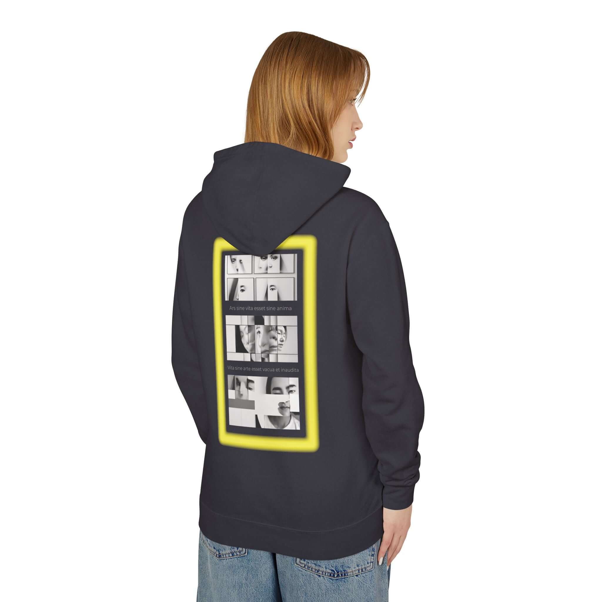 Unisex lightweight hooded sweatshirt featuring a stylish photo collage design on the back, perfect for casual wear.