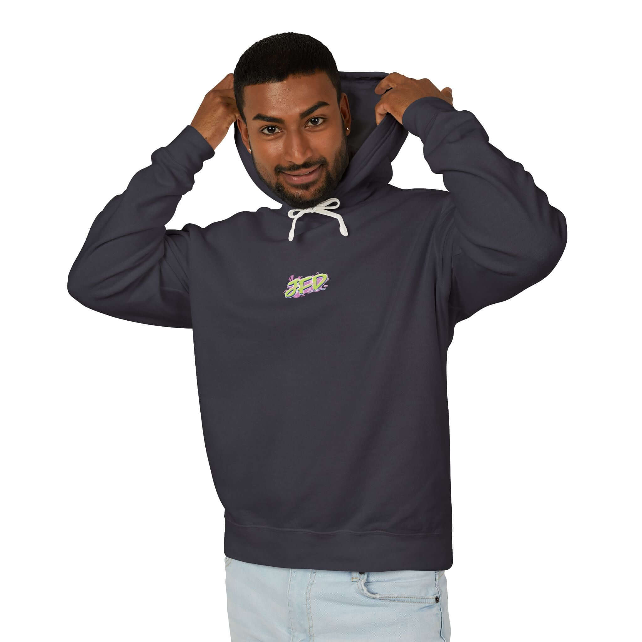 Stylish man wearing a lightweight hooded sweatshirt, pulling up the hood, showcasing casual fashion and comfort.