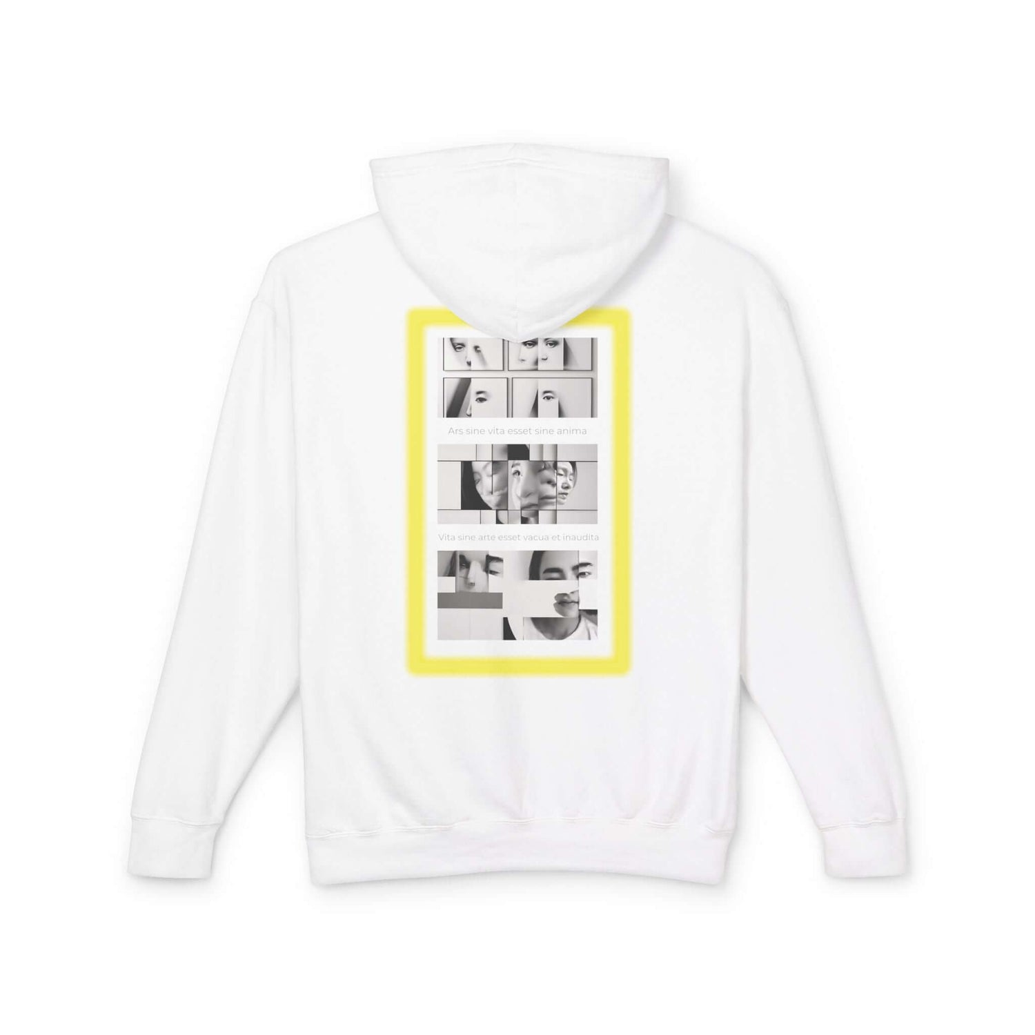 Artistic unisex lightweight hooded sweatshirt with a unique photographic design on the back and a bright yellow border.