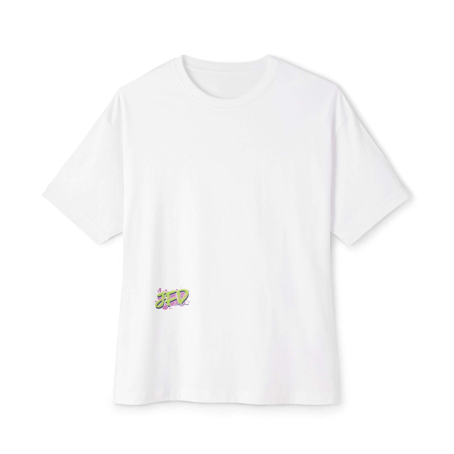 Unisex oversized white tee featuring a colorful artistic design on the front, perfect for casual or creative outings.