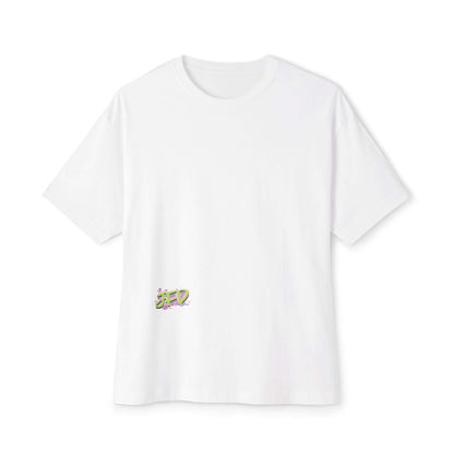 Unisex oversized white tee featuring a colorful artistic design on the front, perfect for casual or creative outings.